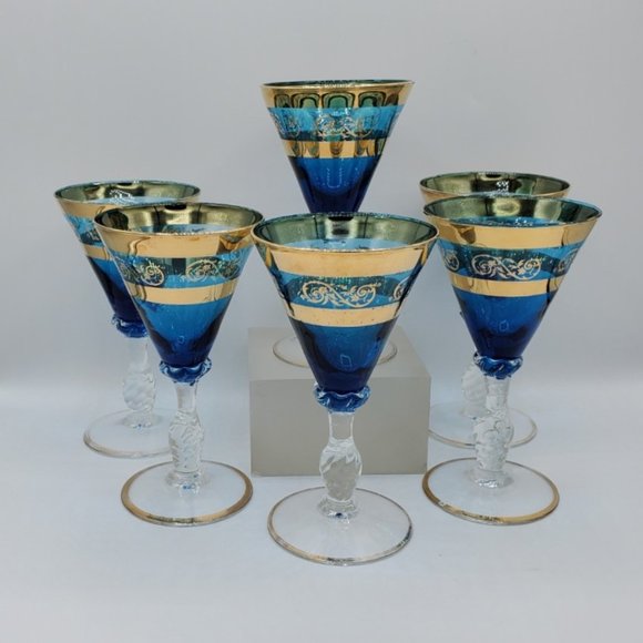 Vintage Cobalt Blue and Gold Set of 6 Blown Glass Stemware